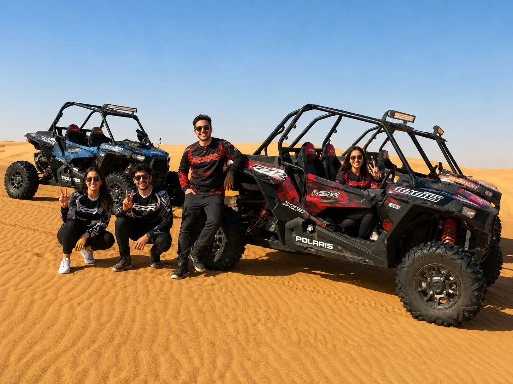 Friends with Polaris RZR buggies on Essaouira sand dunes — buggy adventure beyond sightseeing