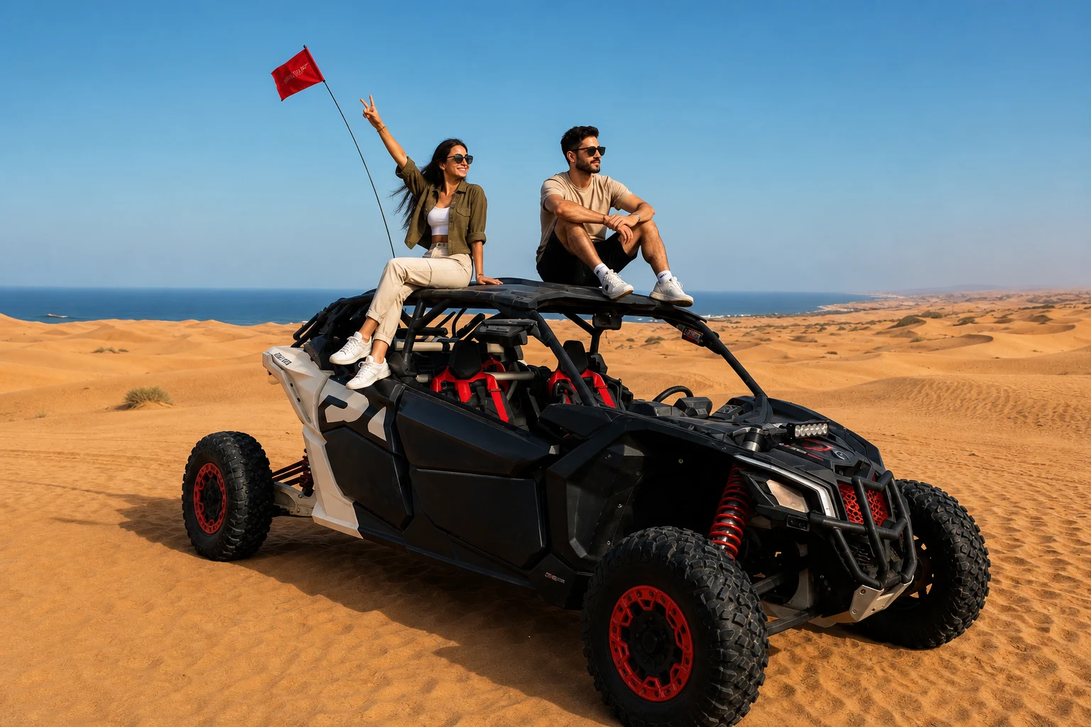 Couple sharing a two-seat buggy on Essaouira dunes by the Atlantic — rent a buggy together